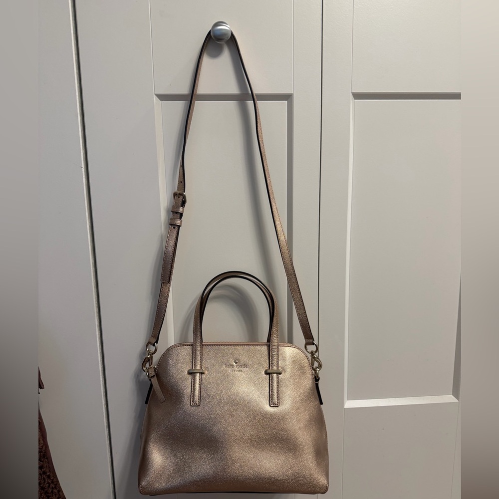 Kate Spade Maise metallic rose gold dome satchel with detachable crossbody strap